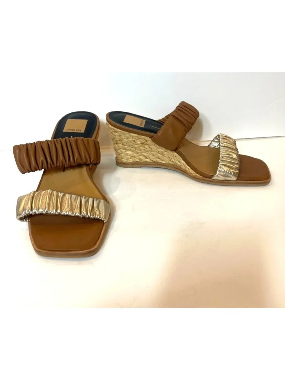 Dolce Vita Nadie Raffa Wedge Espadrille Sandals Double Gathered Leather Size 8